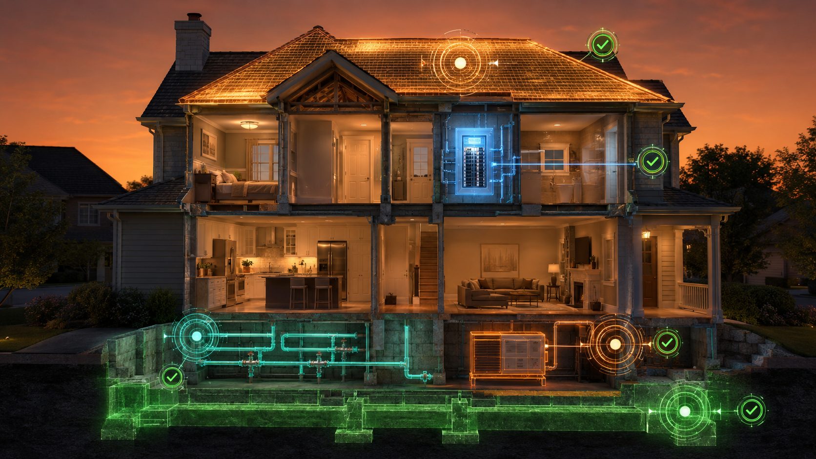 A cutaway home with its plumbing, HVAC, and electrical systems mapped and monitored — the property's nervous system.